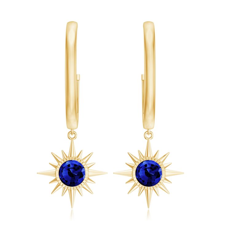 Product Details These minimal earrings will impress your lady without any fail! The drop earrings are handcrafted in gold for enchanting appeal, embellished with round cut created blue sapphire adorning the gold sunburst design. These modern hoop earrings are womens essential earrings. Product Information SKU SHP-EARRINGS0621107121 Length 28 mm Width 10.3 mm Weight 3.38 gm (Approximate) LAB CREATED BLUE SAPPHIRE INFORMATION No.of Stones 2 Pieces Total Weight 0.68 Carat (Approximate) Dimension(ap Blue And Gold Earrings, Modern Hoop Earrings, Gold Sunburst, Hoop Drop Earrings, Minimal Earrings, Signature Jewelry, County Wedding, Dangly Earrings, Women Essentials