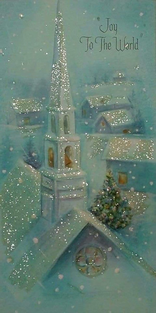 a christmas card with a church in the background and snow falling on it's ground