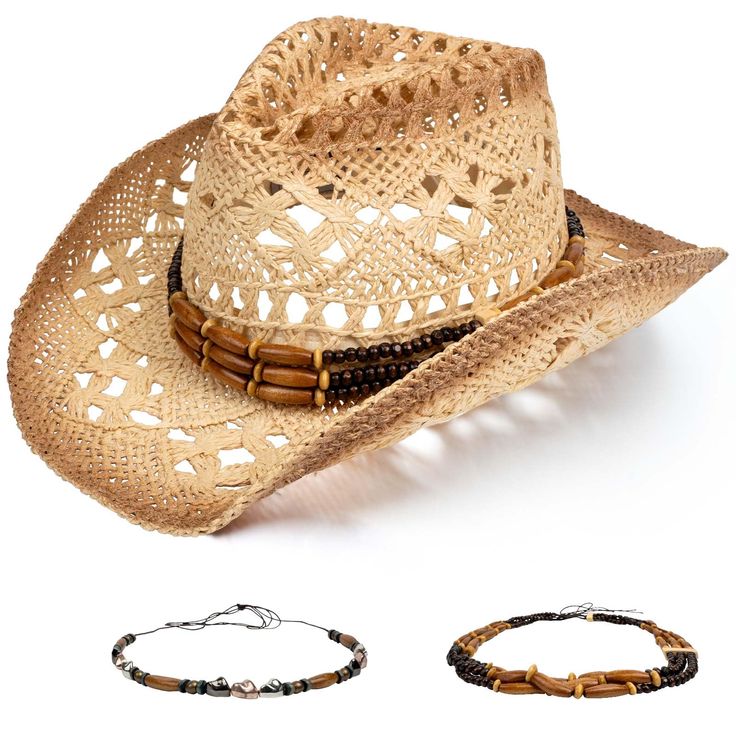 PRICES MAY VARY. Breathable and Comfortable: Explore our natural straw cowboy hat, a classic design crafted for all-day comfort and style. Made from 100% breathable straw material, it keeps your head cool even on the hottest days, while the soft, built-in sweatband ensures a dry and comfortable fit. With a wide 3.35 inch brim, it shields your face from harmful UV rays, all the while maintaining a fashionable flair that lets your personality shine in any setting One Size for Most Heads: This hat Luxury Country Style Cowboy Hat For Vacation, Cheap Country Style Hat Bands For Summer, Cheap Country Style Hat Bands For Vacation, Cheap Country Style Cowboy Hat For Outdoor, Cowboy Hat Bands Beach, Luxury Artisan Cowboy Hat For Festivals, Cowboy Hat Accessories, Straw Cowboy Hats For Women, Summer Cowboy Hat