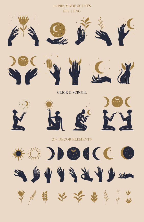 the silhouettes of hands, moon and stars are shown in this graphic art work