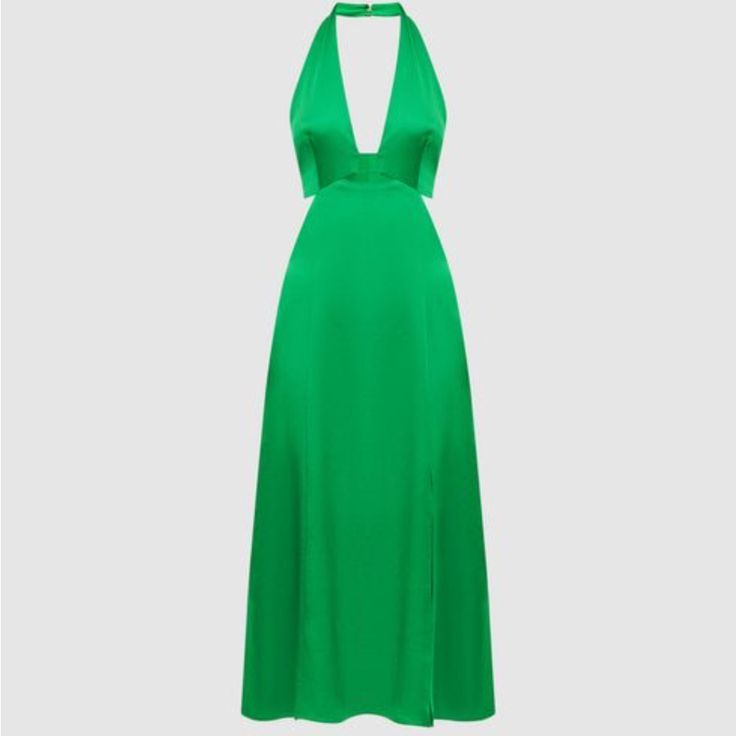 Brand New Never Worn With Tags Size 6 Chic Green A-line Evening Dress, Green A-line Maxi Dress For Night Out, Green Silk V-neck Evening Dress, Elegant Green Silk Cocktail Dress, Green Silk Midi Dress For Date Night, Green Halter Neck Evening Dress, Green Silk Halter Neck Dress, Green A-line Maxi Dress For Cocktail, Green V-neck Maxi Dress For Dinner