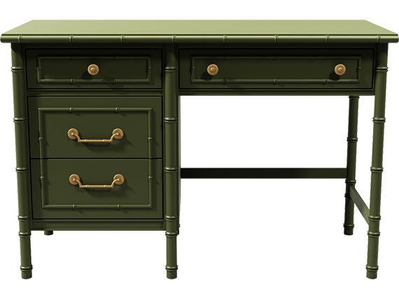 a green desk with two drawers and gold handles