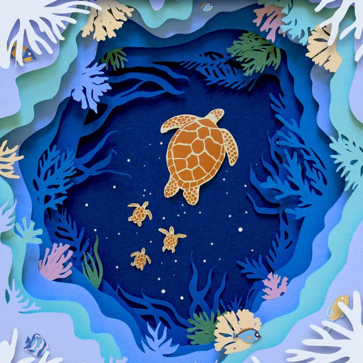 an image of a sea turtle in the ocean surrounded by corals and starfish