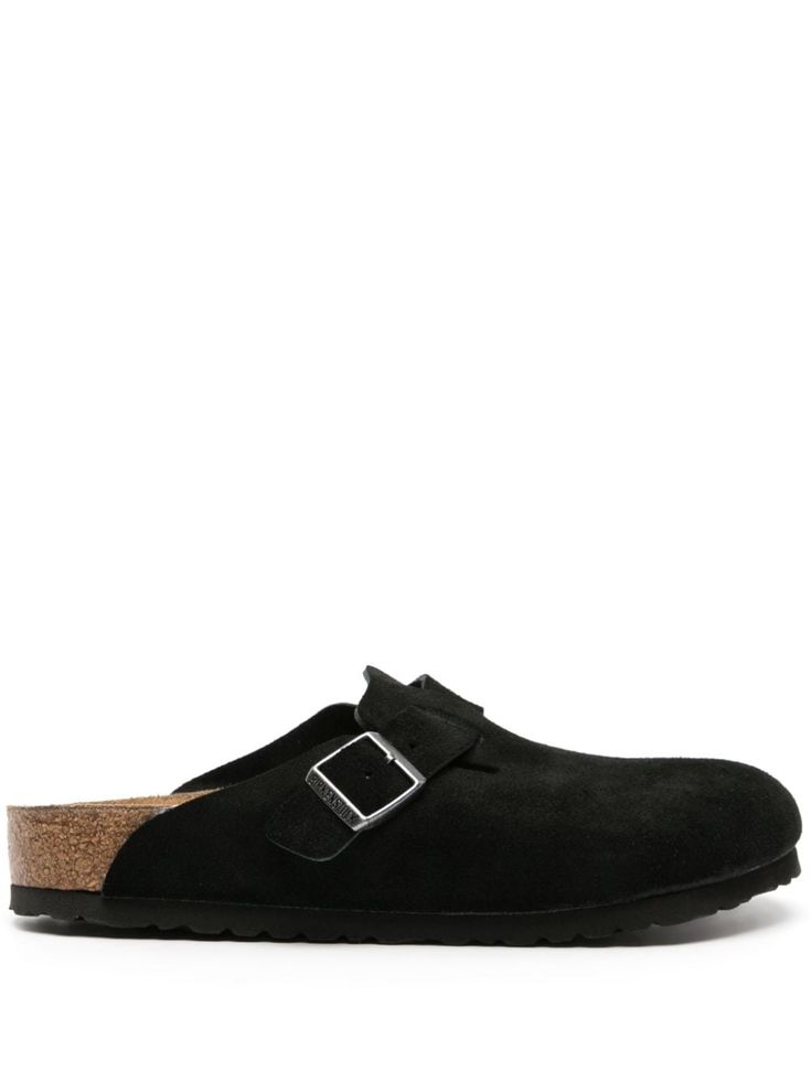 black calf suede buckle-strap fastening slip-on style round toe branded leather insole flat rubber sole Boston Birkenstock, Birkenstock Boston Suede, Men Birkenstock, Male Outfits, Black Birkenstock, Birkenstock Black, Slippers Black, Suede Slippers, Round Toe Shoes