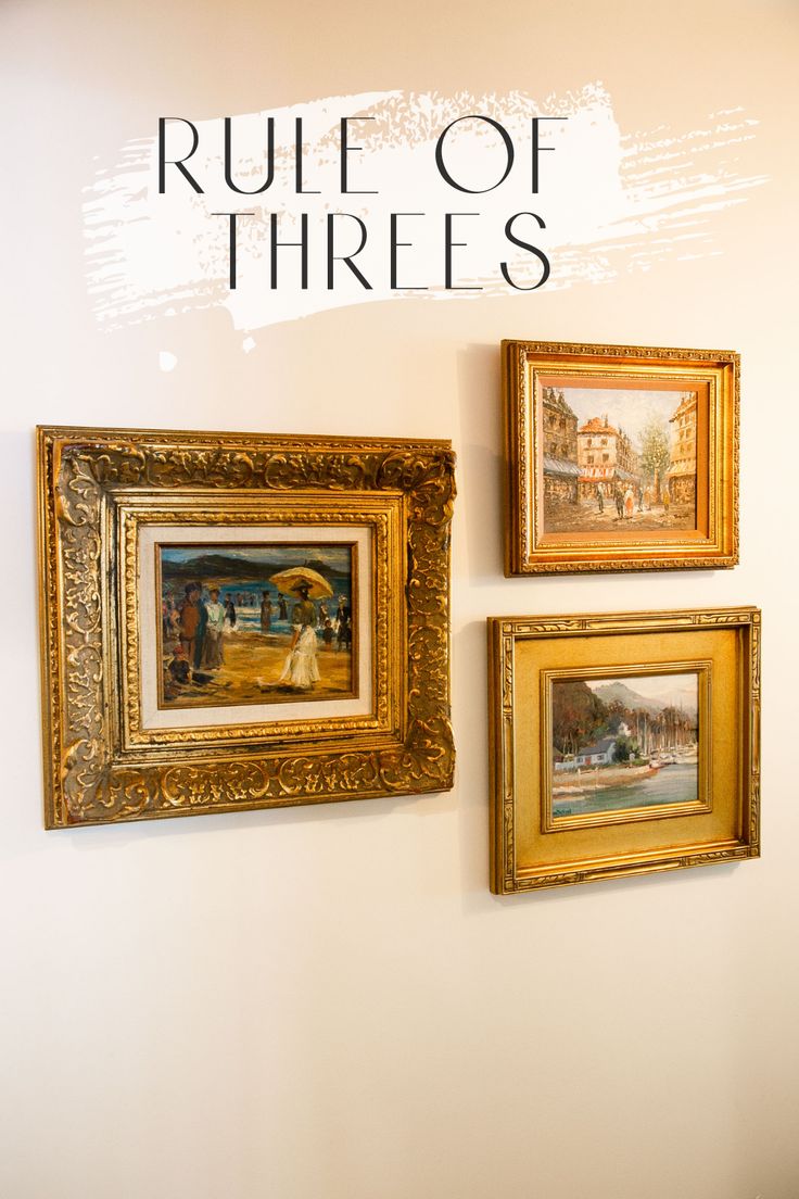 Three gold picture frames arranged on a cream colored wall. The rule of threes.simple design tip to make life easy and your home awesome! Wall Gallery Layout Templates, Five Frame Gallery Wall, Ways To Hang 3 Pictures On A Wall, Arranging 3 Pictures On Wall, Rules For Hanging Pictures, Small Gallery Wall 3 Frames, Wall Decor With Frames Ideas, Three Photo Gallery Wall, Hanging Small Pictures Ideas