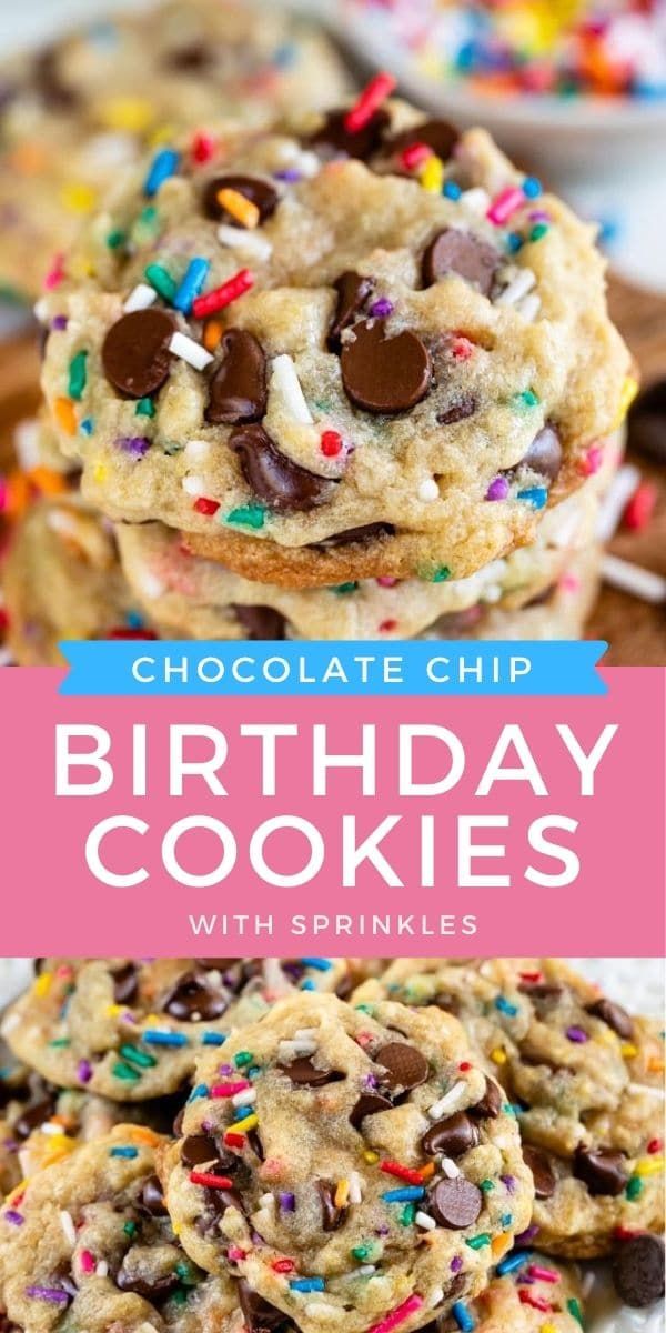 chocolate chip birthday cookies with sprinkles are stacked on top of each other