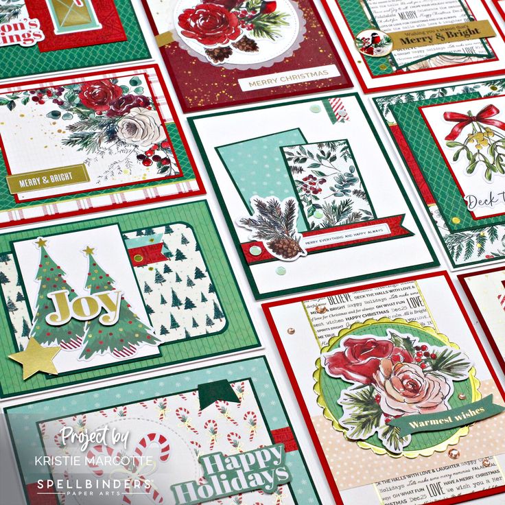 many christmas cards are arranged together on the table with red and green trimmings