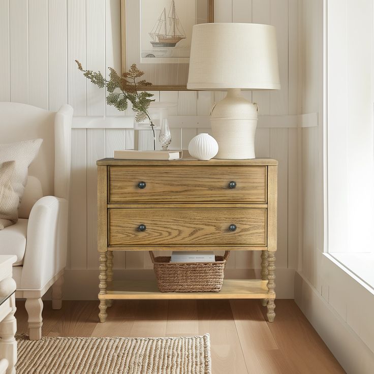 a wooden dresser sitting in a living room next to a white chair and lamp on top of a hard wood floor