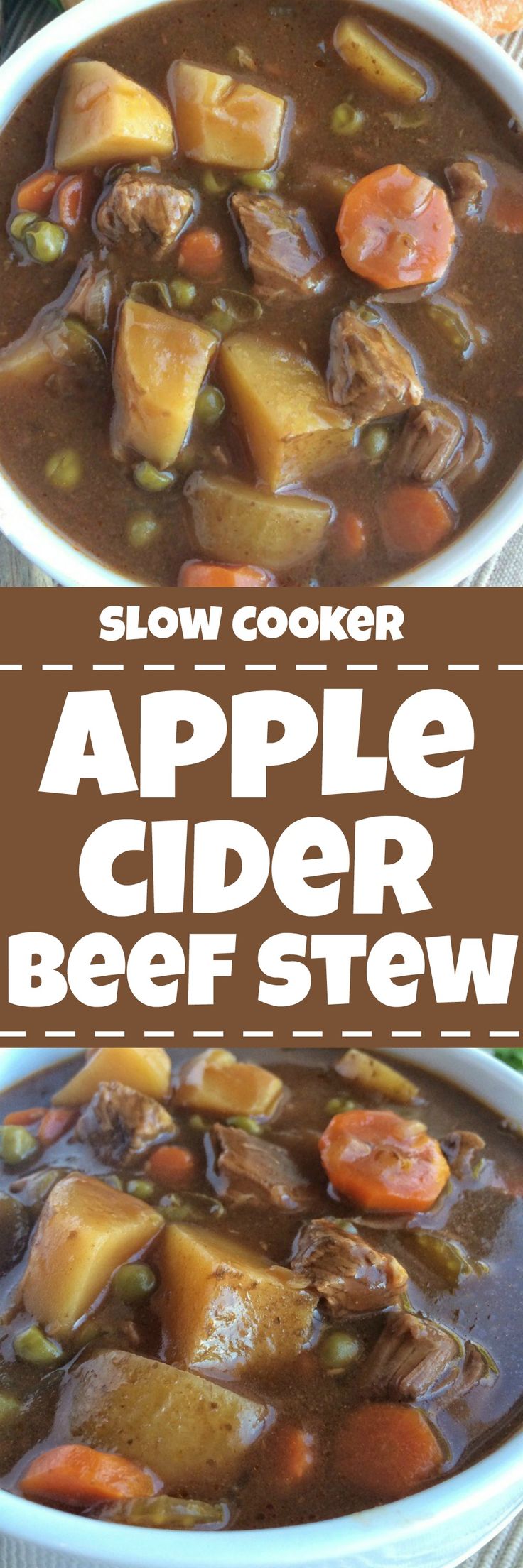 two bowls filled with beef stew on top of a wooden table next to an apple cider