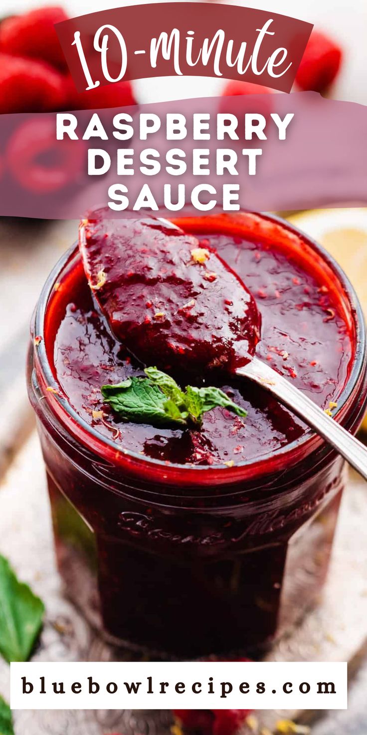 raspberry dessert sauce in a jar with spoon