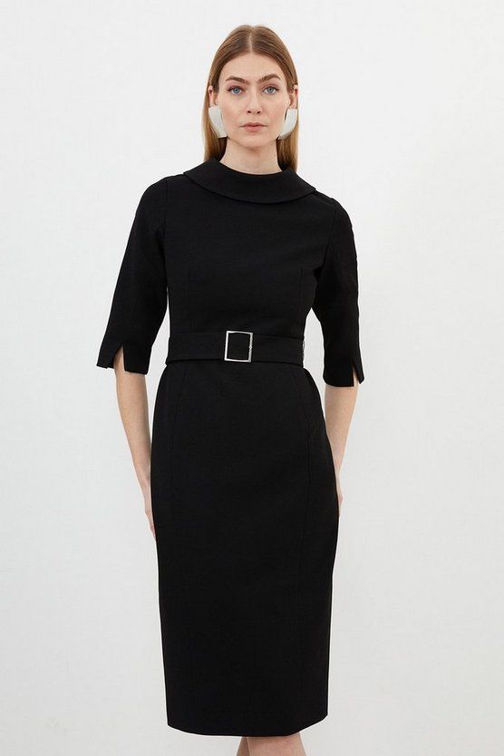 Structured Crepe Turtleneck Pencil Midi Dress | Karen Millen Business Formal Dresses, Elegant Belted Workwear Dresses, Timeless Fitted Midi Dress For Work, Classic Semi-formal Dress With Belted Cuffs, Elegant Fitted Belted Dress With Short Sleeves, Elegant Fitted Short Sleeve Belted Dress, Elegant Belted Midi Office Dress, Elegant Belted Midi Dress For Office, Half Sleeve Midi Dress For Work