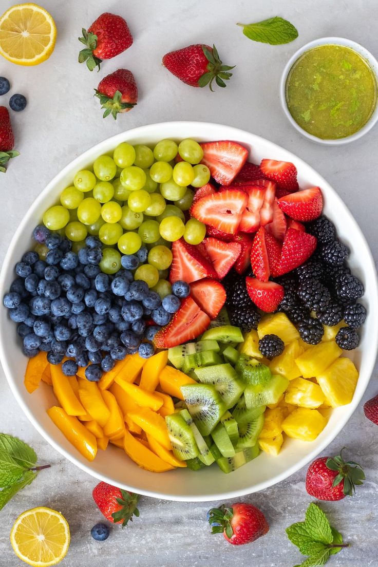 a white bowl filled with different types of fruit