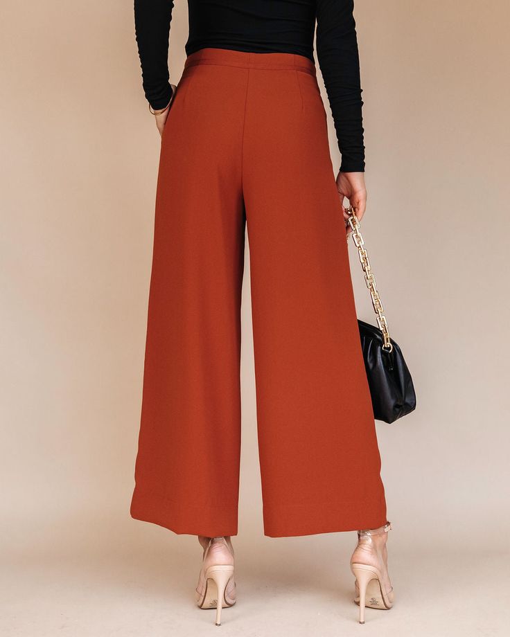 High Waist Wide Leg Brown Pants For Office, Brown High Waist Wide Leg Pants For Office, High Waist Brown Wide Leg Pants For Office, Elegant Orange Pants For Fall, Elegant Orange Fall Pants, Brown Wide-leg Pants For Office, Orange Ankle-length Work Pants, Orange Ankle-length Pants For Work, Elegant Orange Wide Leg Pants