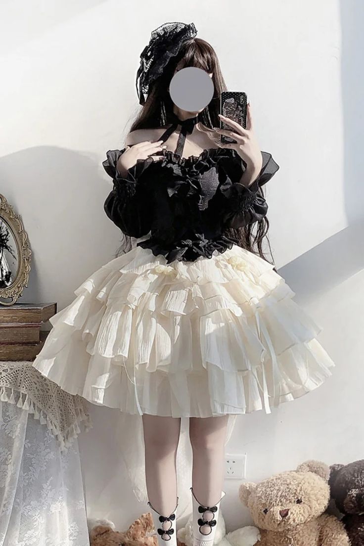 Black Top and Apricot Bowknot Sweet Princess Lolita Layered Skirt Dre – LolitaInside Punk Dress, Layered Skirt, 4 Way Stretch Fabric, Lolita Dress, Cotton Velvet, Gothic Lolita, Skirt Dress, Black Top, Skirt Length