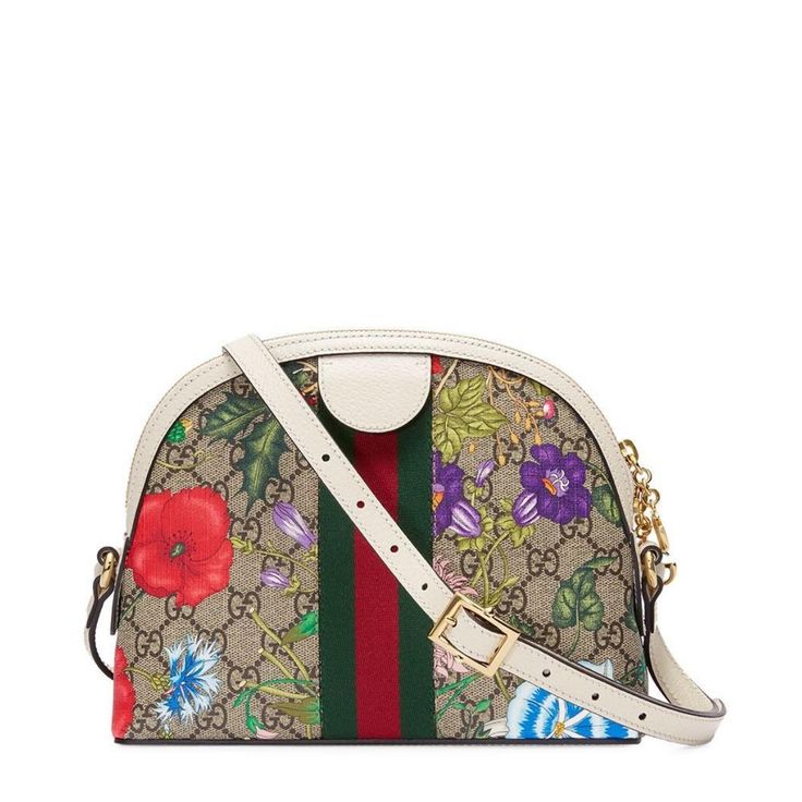 Small Ophidia Flora shoulder bag from Gucci. Crafted from canvas, this beige and ebony piece is decorated with an all-over GG Supreme and multicoloured Flora print and detailed with the brand's signature green and red Web to the front. Featuring an adjustable shoulder strap, a two-way zip fastening, a gold-tone GG logo to the front, a main internal compartment, internal slip pockets, an internal logo patch and off-white leather trimming. Gucci Floral, Basket Noir, Contemporary Fabric, Gucci Shoulder Bag, Green And Red, Gucci Handbags, Small Crossbody, Strap Tops, Small Shoulder Bag