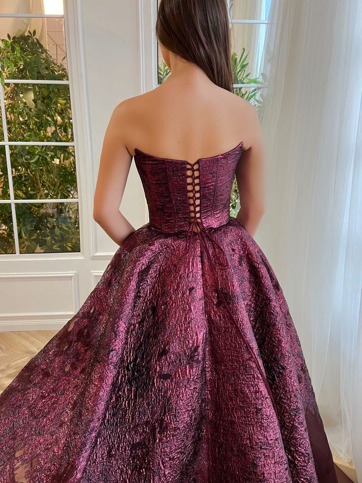 Bordeaux Brocade Ball Gown | Teuta Matoshi Burgundy Ball Gown For Party, Elegant Red Organza Ball Gown, Elegant Red Organza Evening Dress, Formal Organza Gown With Boned Bodice, Elegant Organza Ball Gown With Boned Bodice, Burgundy Ball Gown Dress For Wedding, Burgundy Ball Gown For Wedding, Burgundy Dresses With Sweetheart Neckline And Fitted Bodice, Burgundy Fitted Ball Gown For Prom Season