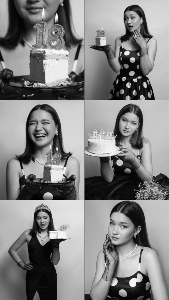 black and white photo collage of woman with birthday cake