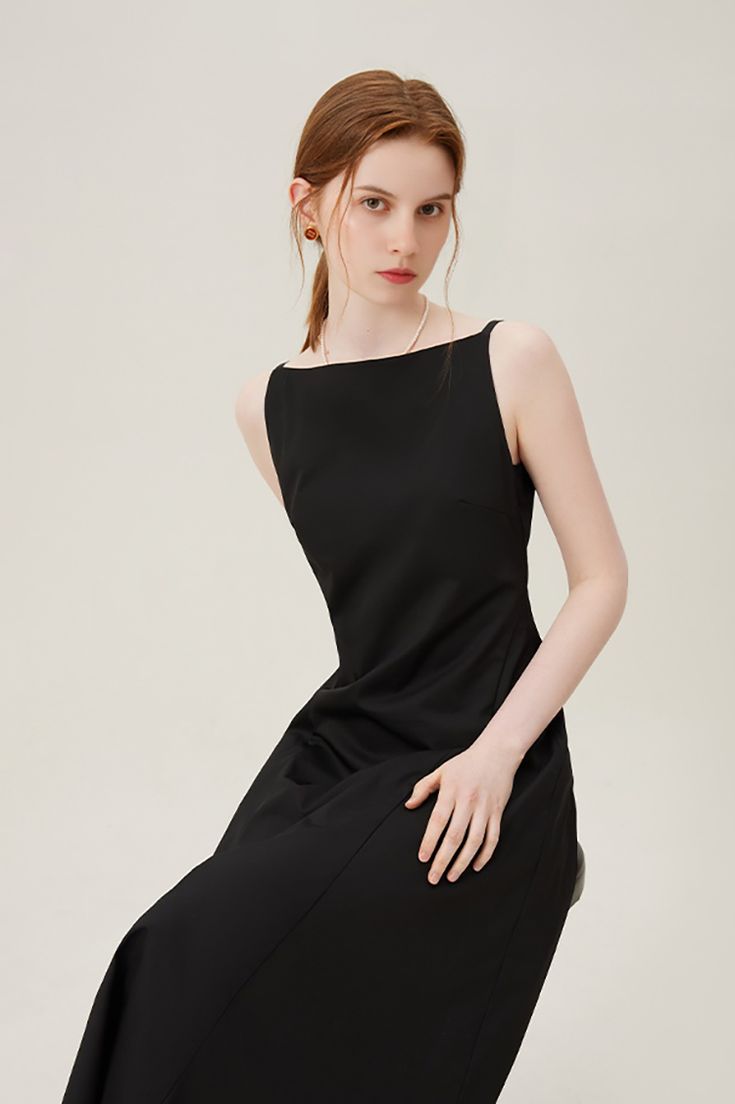 Versatile and Timeless This French style black formal dress features a sleeveless boat neck design with a fitted waist and a slight fishtail hem. Ideal for both formal events and professional settings. Style #: WWAJ359 Black Boat Neck Dress, Tank Top Skirt, Casual Activewear, French Women Style, Black Backless Dress, Black Dress Formal, Boat Neck Dress, Shearling Coat, Dress Hats