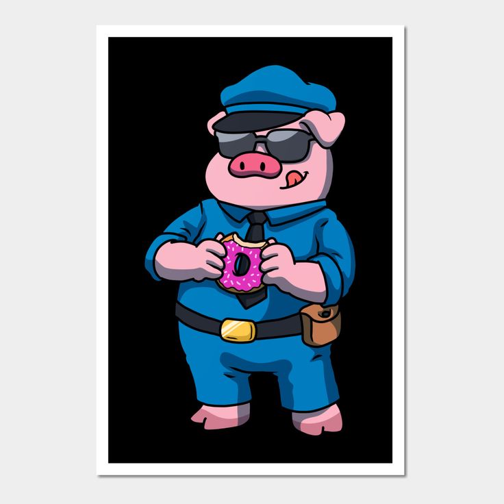 a pig with sunglasses and a hat holding a donut in his hands, wearing a police uniform