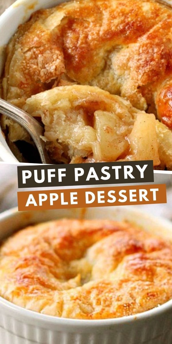 puff pastry apple dessert in a white dish with a serving spoon and title overlay