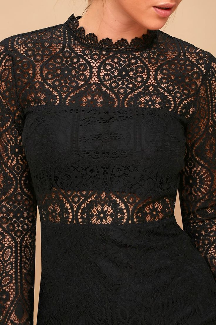 Sexy Black Dress - Black Lace Dress - Long Sleeve Lace Dress - Lulus Black Lace Long Sleeve Dress, Lace Long Sleeve Dress, Knit Lace Dress, Bodycon Mini Skirt, Trendy Blouse, Trendy Blouses, Trendy Blouse Designs, Cup Sizes, Lace Long Sleeve