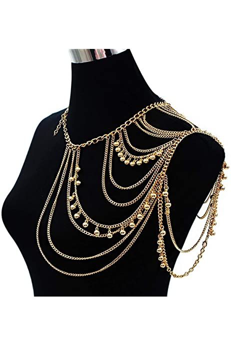 Chrontier Punk Harness Bikini Shoulder Body Link Epaulet Chain Necklace Collar with Dangling Tassel (Gold) : Amazon.ca: Clothing, Shoes & Accessories Jóias Body Chains, Shoulder Jewelry, Gold Body Chain, Shoulder Necklace, Perhiasan India, Women's Uniforms, Body Chains, Gold Bodies, Multi Layer Necklace