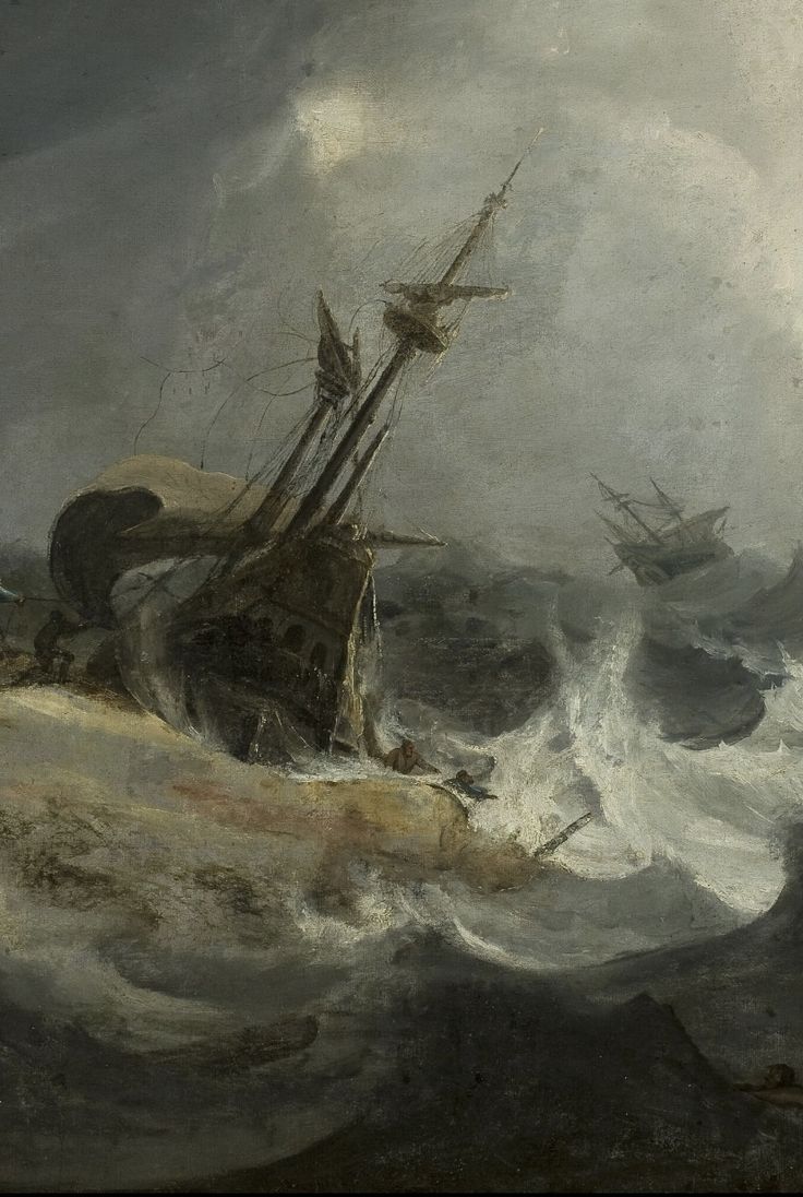 a painting of a ship in rough seas with another boat off to the side,