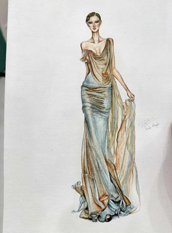 a drawing of a woman in an evening dress