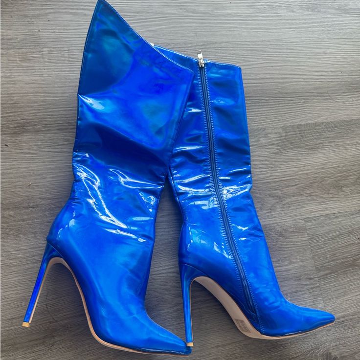 Asos Boots. Size 10 Runs Small Blue High Heel Boots With Reinforced Heel, Blue High Heeled Boots With Reinforced Heel, Blue Pointed Toe Heeled Boots For Party, Blue Pointed Toe Heels For Winter, Chic Blue High Ankle Heeled Boots, Blue Almond Toe Boots, Blue Ankle-high Boots For Spring, Blue Pointed Toe Boots With Reinforced Heel, Blue Round Toe Heeled Boots For Spring