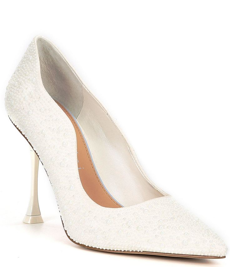 From the Bridal Collection by Gianni Bini&#x2C; the TheaThree Pearl Scalloped Pointed Toe Pumps feature:Fabric upper with scalloped edge and pearl detailingPointed toe constructionSlip on designSynthetic lining4MM padded memory foam sockPatented Airfit comfort technology in the heel provides extra comfort&#x2C; durability and breathabilitySynthetic outsoleApprox. 3.74" heel heightComes with a "hello gorgeous" dust bag&#x2C; two options of rhinestone d Rhinestone Decal, Satin Wedding Shoes, Bridal Pumps, Pearl Shoes, Bridal Heels, Satin Pumps, Pointed Heels, Wedding Heels, Pointed Toe Shoes