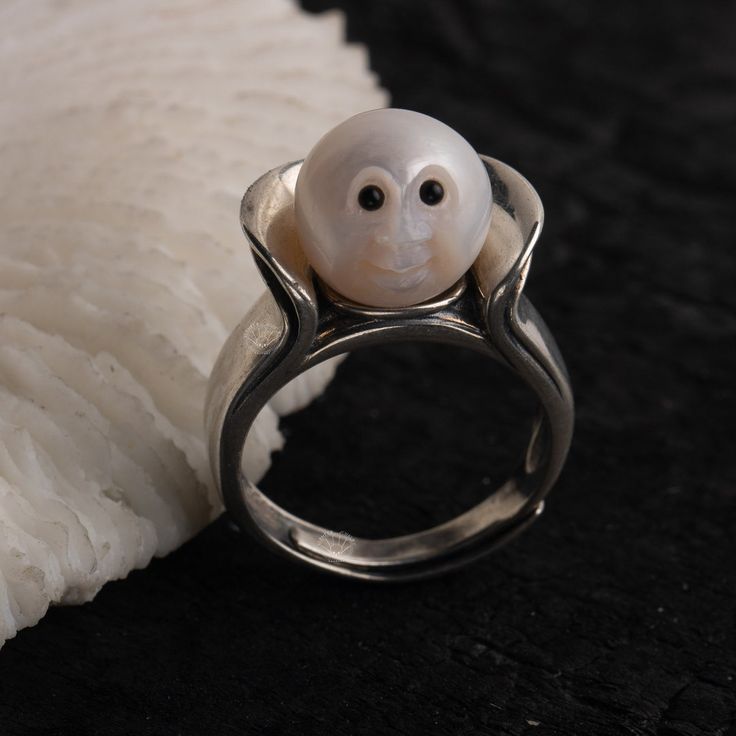 Moon Face Pearl Ring Hand Engraving Freshwater Pearl Ring - Etsy Unique Sterling Silver Pearl Promise Ring, Unique Handmade Jewelry For Anniversary Gift, White Sterling Silver Pearl Ring Gift, Unique Silver Pearl Ring For Anniversary, Sterling Silver Pearl Ring With Polished Finish For Anniversary, Sterling Silver Jewelry With Unique Design For Anniversary, Fine Jewelry Sterling Silver Pearl Ring Gift, Unique Silver Pearl Promise Ring, Silver Pearl Ring With Polished Finish For Gift