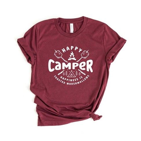 Simply Sage Market Women's Happy Camper Toasted Marshmallow Short Sleeve Graphic Tee - L - Maroon Camping Tshirts Women, Tshirts Women, Camping Stuff, Flower Shorts, Fabric Letters, Toasted Marshmallow, Retro Shorts, Hiking Women, Happy Camper