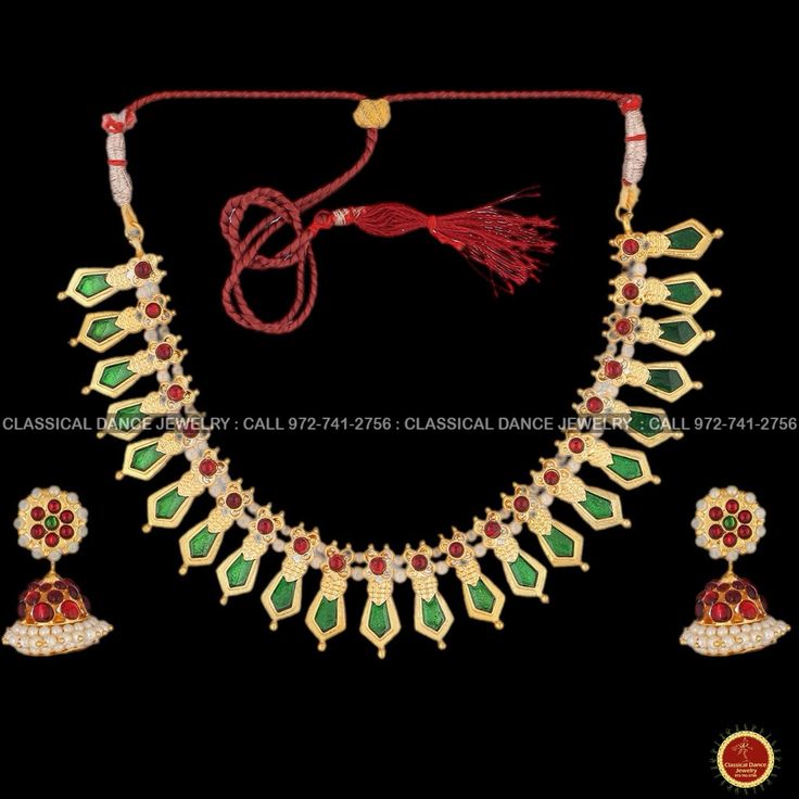 Design by Classical Dance Jewelry® -- Colorful And Designer Beautiful Necklace Set For Women.You Can Wear this Necklace Set In Parties, Engagement, Weddings, Birthdays And Many Occasion As You Like. -- Handmade Indian Item. Every Necklace Studded Beautifully in Enamel And Gold Finish. -- Especially For Bharatnatyam And Kuchipudi Dance Performances. ❇️ Imitation Jewelry by nature is little soft compared to real jewelry so little shape variations and dents could happen during shipping even after taking complete care in packing ❇️ Imitation Jewelry items by nature will show slight discolorations around soldering or embossed designs areas and black spots. ❇️ Imitation Jewelry piece is arranged with special thread to have maximum flexibility. ❇️ These are very delicate in nature and it is expec 22k Gold Meenakari Temple Necklace For Puja, Green 22k Gold Bridal Necklace For Wedding, 22k Gold Meenakari Temple Necklace For Celebrations, Celebration 22k Gold Temple Necklace With Meenakari, Celebration Temple Necklace In 22k Gold With Meenakari, Traditional 22k Gold Green Temple Necklace, Traditional 22k Gold Temple Necklace In Green, Traditional Green 22k Gold Temple Necklace, Festive Green Temple Necklace With Latkans