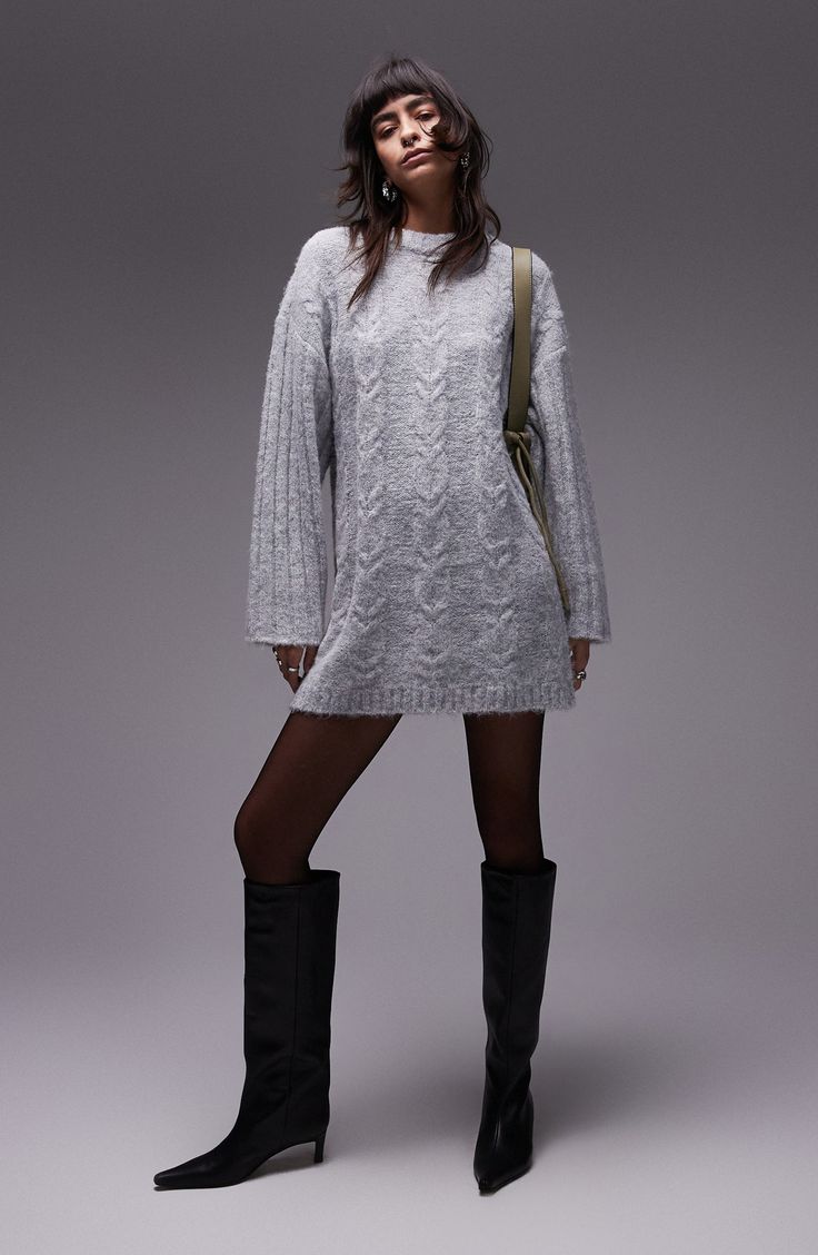 Embrace sweater weather without compromising on your 'fit in a cozy cabled minidress framed by boxy sleeves textured with wide-scale ribbing. Slips on over head Crewneck Long sleeves 48% polyester, 36% nylon, 16% acrylic Machine wash, dry flat Imported Grey Sweater Winter Outfit, Winter Dress Outfit Casual, Grey Sweater Dress Outfit, Sweaterdress Styling, Midi Sweater Dress Outfit, Knit Sweater Dress Outfit, Gray Sweater Dress Outfit, Christmas Church Outfit, Winter Knit Dress