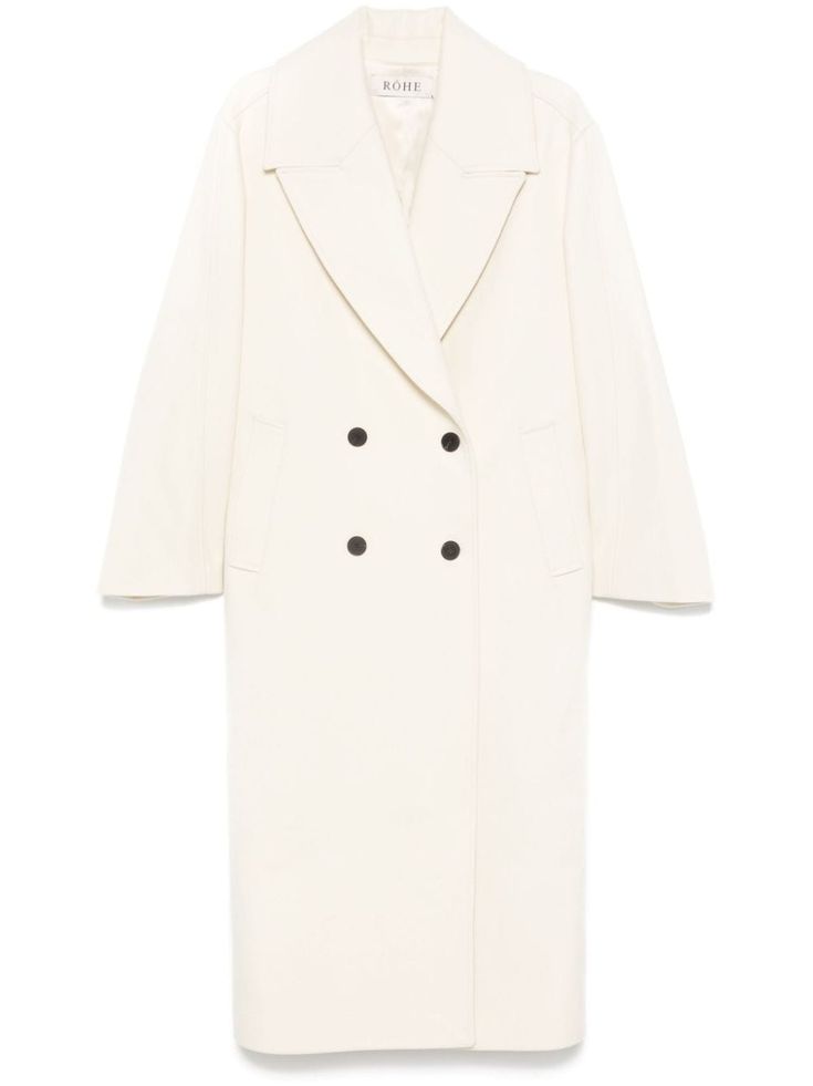 off-white virgin wool-cashmere blend non-brushed fleece double-breasted button fastening peak lapels long sleeves two side welt pockets central rear vent full lining straight hem long length Coat White, Wardrobe Edit, Yoko London, Double Breasted Coat, Exclusive Fashion, Outerwear Coats, Outerwear Women, Long Length, Welt Pockets