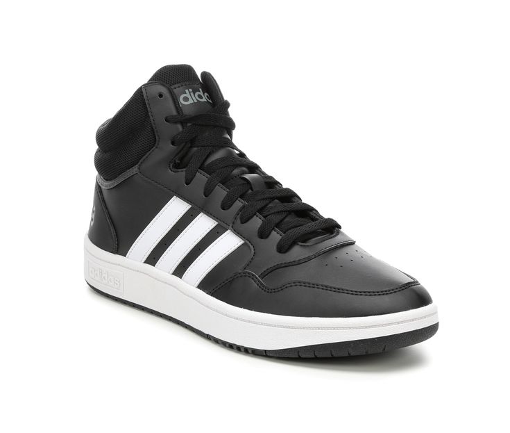 Combination leather and synthetic upper, Mid-top design with padded collar and fabric lining, Lace-up closure for a custom fit, Classic round toe with stitching details, Absorbent fabric lined insole, Durable rubber midsole and outsole with traction pattern, adidas® iconic three stripe details and branding | Men's Adidas Hoops 3.0 Mid Sneakers in Black/WHITE Size 9.5 Medium Adidas Mid-top Basketball Shoes With Logo, Adidas Mid-top Basketball Shoes With Cushioned Footbed, Adidas Mid-top Cushioned Basketball Shoes, Adidas Mid-top Synthetic Basketball Shoes, Adidas High-top Basketball Shoes, Adidas Synthetic High-top Sneakers For Sports, Adidas High-top Synthetic Sneakers For Sports, Adidas High-top Sneakers With Cushioned Footbed, Adidas High-top Sneakers With Boost Midsole For Sports