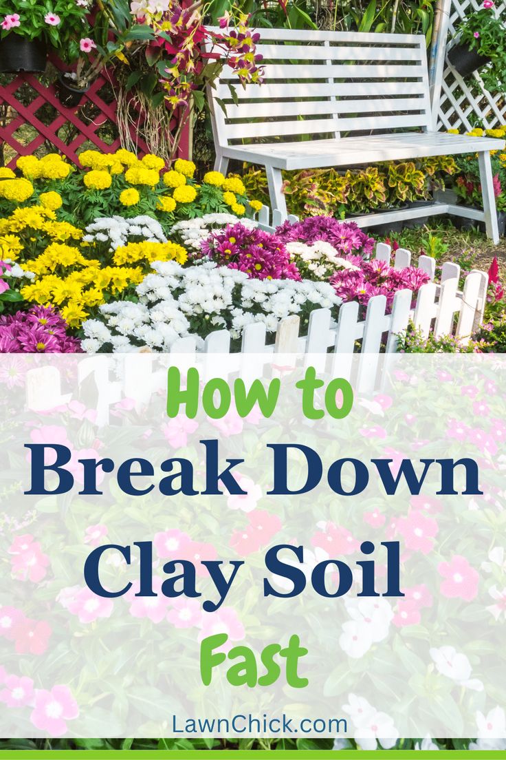 a bench surrounded by flowers with the words how to break down clay soil fast