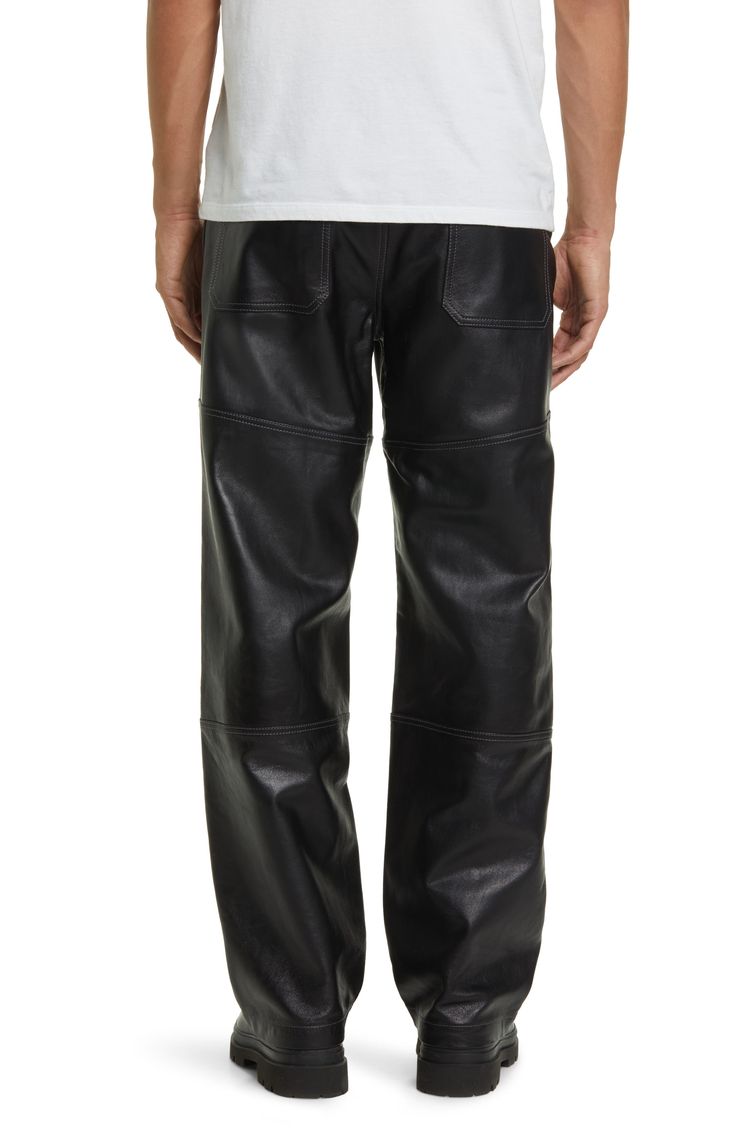 Shiny lambskin leather modernizes straight-leg pants kept practical with reinforced knees and plenty of pockets. Zip fly with button closure Five-pocket style Leather Professional leather clean Made in Turkey Leather Cargo Pants With Side Pockets For Work, Leather Wide Leg Pants With Five Pockets, Leather Tapered Leg Pants With Pockets, Leather Workwear Bottoms With Pockets, Leather Cargo Pants With Pockets For Workwear, Leather Pants With Faux Front Pockets For Work, Modern Leather Trousers With Belt Loops, Modern Leather Pants With Pockets For Work, Wide Leg Leather Work Pants With Five Pockets