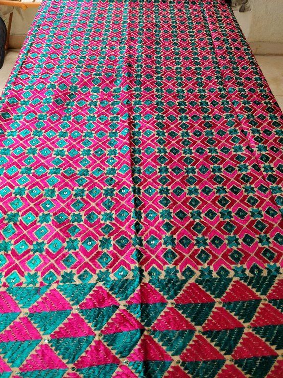 Hand embroidered phulkari bagh dupatta shawl long scarf tapestry, bohemian decor, Indian wedding phu Tussar Silk Dupatta With Mirror Work For Navratri, Navratri Jamawar Dupatta With Mirror Work, Multicolor Embroidered Tussar Silk Dupatta With Motifs, Tussar Silk Dupatta With Multicolor Embroidery And Motifs, Unstitched Bohemian Traditional Wear With Woven Motifs, Traditional Jamawar Dupatta With Mirror Work, Bohemian Multicolor Embroidered Fabric, Festive Tussar Silk Dupatta With Mirror Work, Bohemian Shawl Dupatta With Multicolor Embroidery