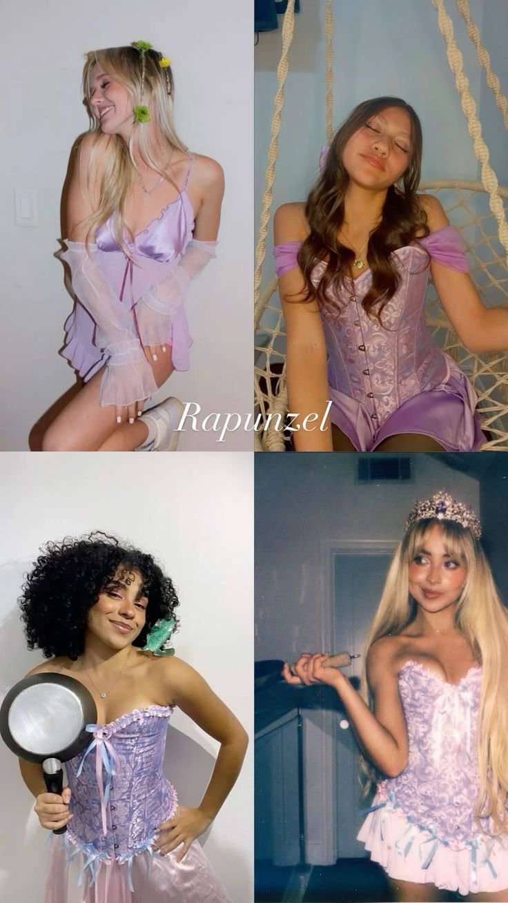 four different pictures of women dressed in costumes and hair styles, one is holding a magnifying glass