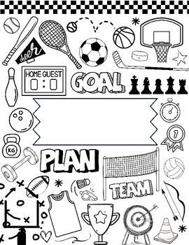 a black and white drawing of various sports related items on a checkered background with the word goal written below