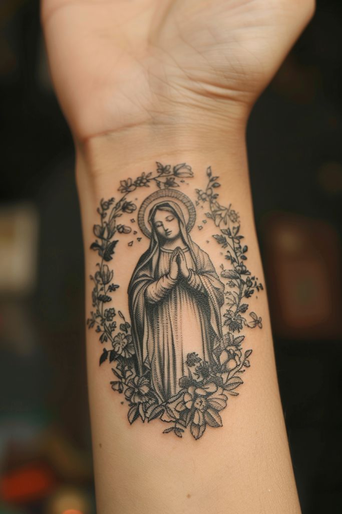 a woman's arm with a tattoo on it that has an image of the virgin mary