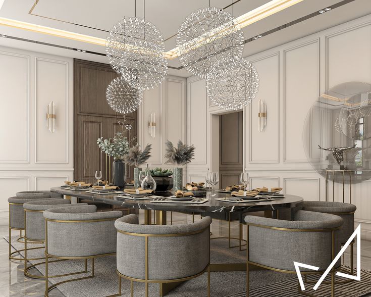 an elegant dining room with chandelier and round table surrounded by grey upholstered chairs