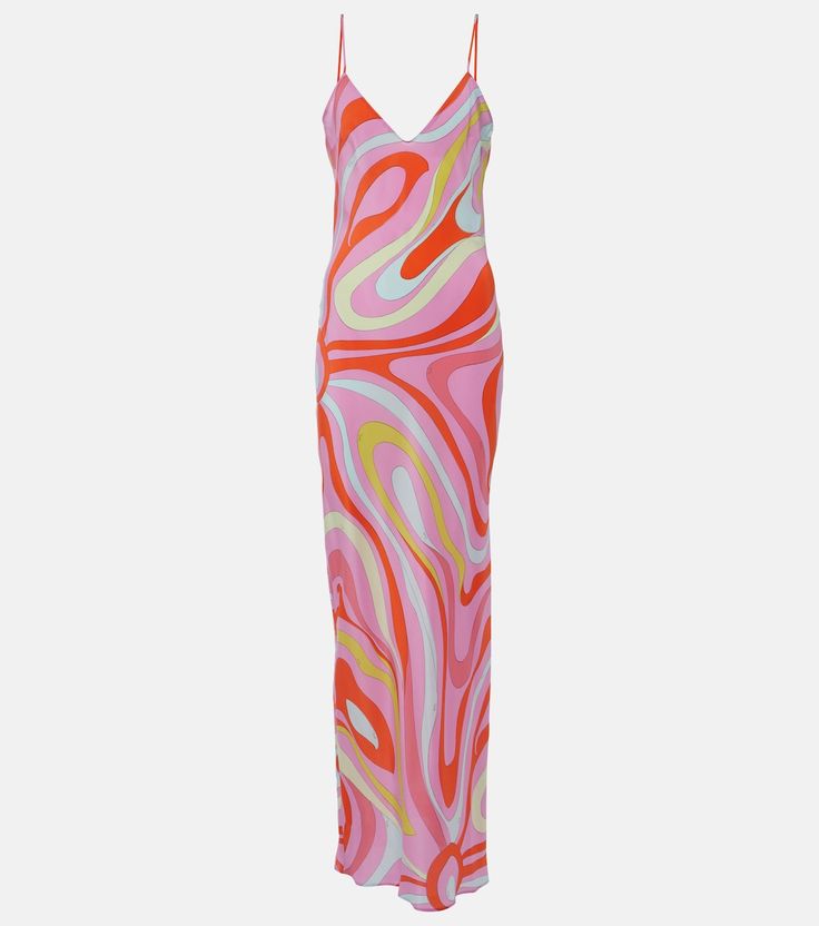 Printed silk slip dress in pink - Pucci | Mytheresa Fitted Multicolor Silk Dress, Summer Evening Maxi Dress With Vibrant Print, Vibrant Print Maxi Dress For Summer Evenings, Summer Silk Slip Dress With Floral Print, Silk Abstract Print Party Dress, Summer Viscose Maxi Dress With Bias Cut, Silk Dress With Abstract Print For Party, Satin Spaghetti Strap Vacation Dress, Chic Orange Silk Dress