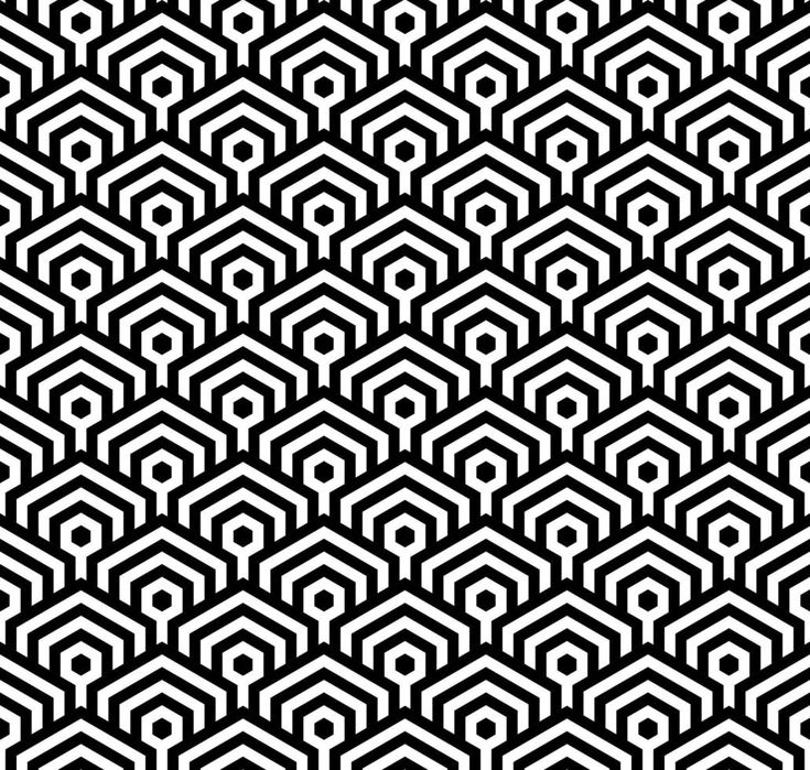 an abstract black and white pattern with hexagonals in the center, as well as