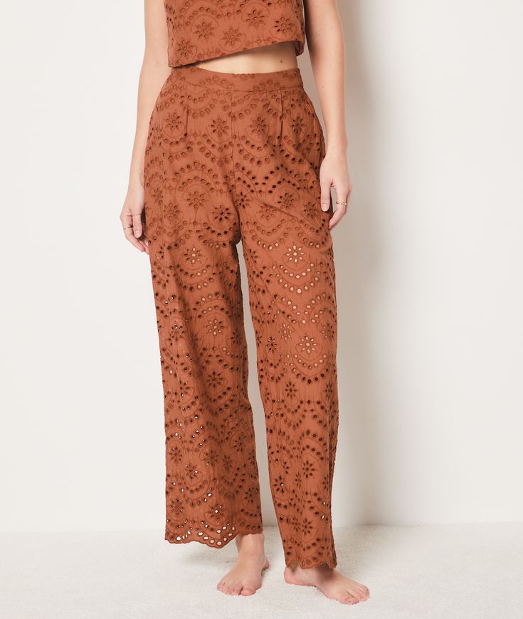 Eyelet Patterned Pants COTON - ETAM Summer Beachwear Bottoms In Brown, Brown Summer Bottoms With Elastic Waistband, Summer Brown Bottoms With Elastic Waistband, Brown Bottoms With Elastic Waistband For Festival, Brown Straight Pants For Summer, Brown Festival Bottoms With Elastic Waistband, Brown Bottoms For Spring Festival, Brown Bottoms For Beach Vacation, Summer Brown Straight Pants