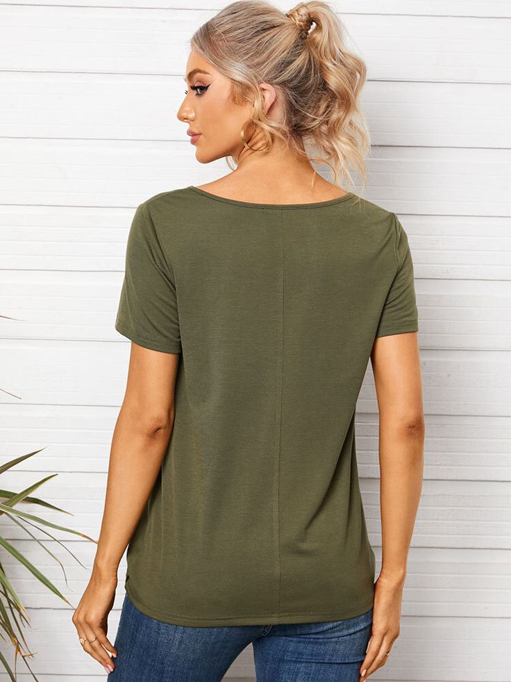 Solid Criss-cross V-neck Short Sleeve Casual T-shirt Casual V-neck Plain Top, Casual Solid Color V-neck T-shirt, Casual V-neck Solid Color T-shirt, Plain V-neck Top, Solid V-neck Plain T-shirt, Plain V-neck T-shirt For Summer, Casual Plain V-neck Top, Solid Plain V-neck T-shirt, Women T Shirts