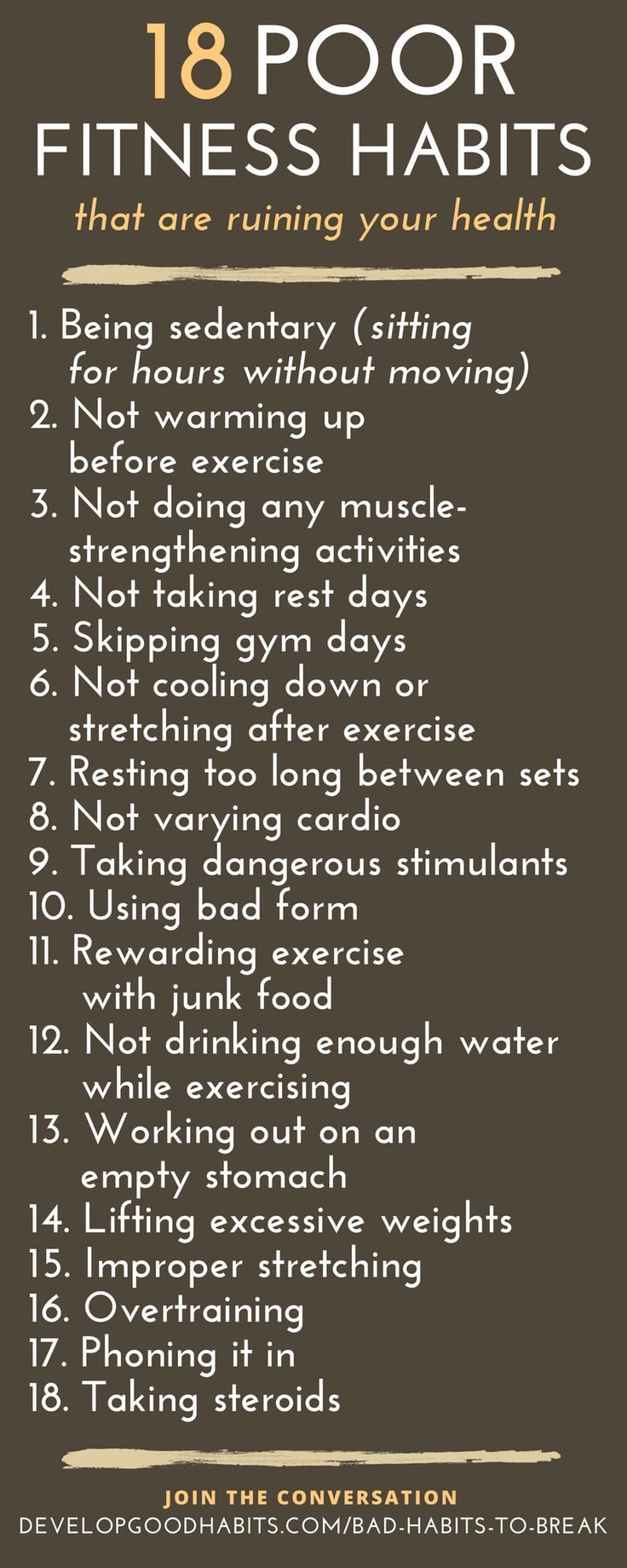 If you want to lead a healthier lifestyle, the FIRST thing you need to do is get rid of poor fitness habits.  These are babits that could cause excessive weight gain, possible injury from fitness, lack of efficienct when exercising and general poor results. This fitness infographics features 18 of these bad habits. Checck out the complete list of 283 bad habits for more bad health habits to avoid and many more bad habits you will want to steer clear of in your life. Bad Habits List, Bad Habits To Break, Habits List, Fitness Infographic, Habits To Break, Not Drinking Enough Water, Fitness Habits, Break Bad Habits, Allergy Relief