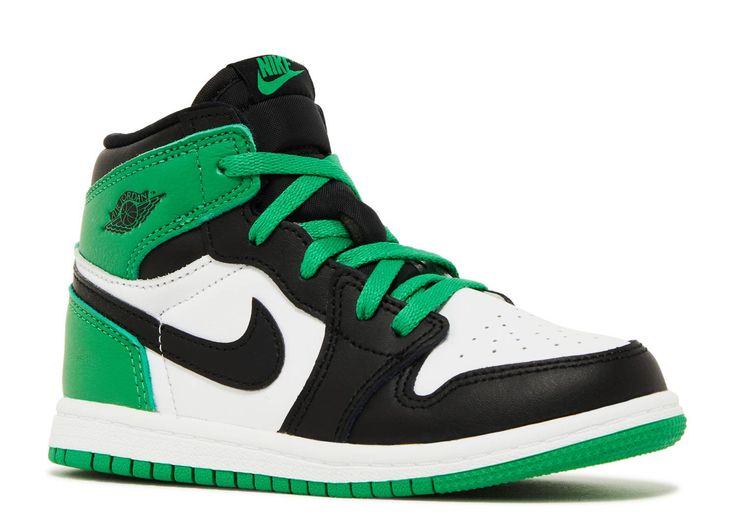 The OG Jordan 1’s are an all leather shoe in black, white, and lucky green. The base of this shoe is white leather with the front overlay being black leather and the back overlays being lucky green leather. The rubber mid-sole is white with the outsole the iconic lucky green. The signature winged Jordan logo sits on the lucky green ankle lace flap. The shoe finishes with black leather swooshes contrasting the white base. Green Leather High-top Sneakers For Sports, Green High-top Leather Custom Sneakers, Green Leather High-top Custom Sneakers, Green High-top Sneakers With Rubber Heel Cap, Green Sporty High-top Sneakers With Rubber Heel Cap, Green Sneakers With Rubber Heel Cap For Streetwear, Sporty Green High-top Sneakers With Rubber Heel Cap, Green Lace-up High-top Sneakers With Rubber Heel Cap, Summer Collection Men