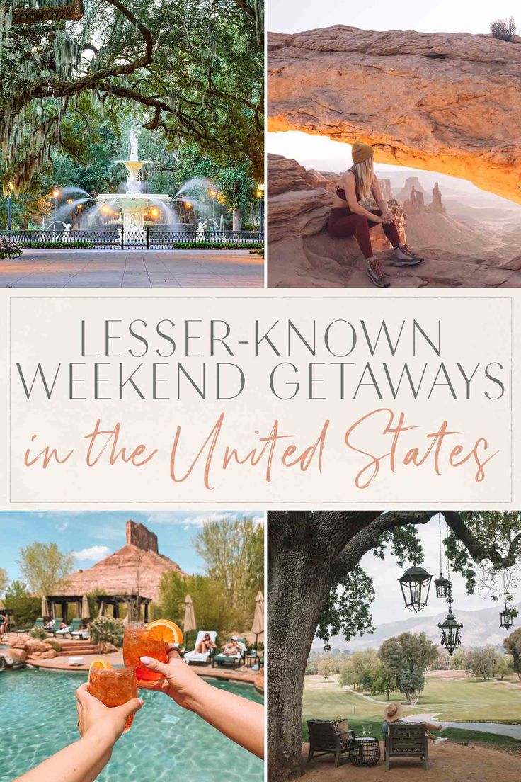 a person holding an orange in front of a lake and trees with the words less known weekend getaways in the united states